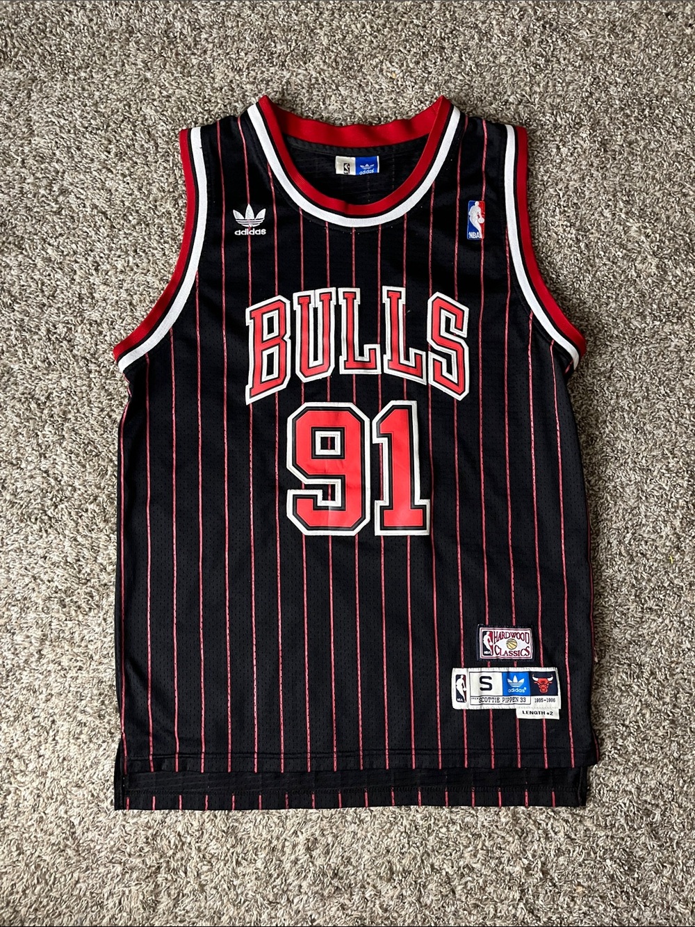 adidas Chicago Bulls Black Red Pinstripe Jersey #91